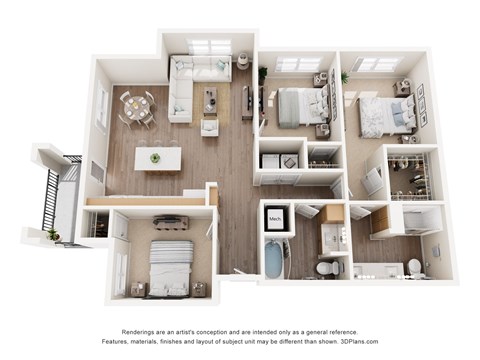 Floor plan for 3 beds, 2 baths, 1303 sqft